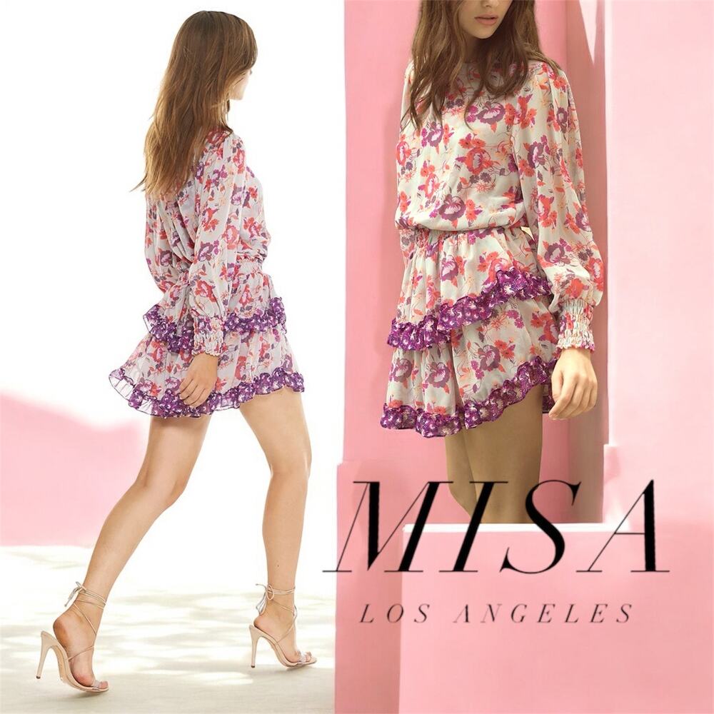 MISA Los Angeles Camila Dress‎ Purple Floral Smocked  Sleeve Mini Dress Sz Small